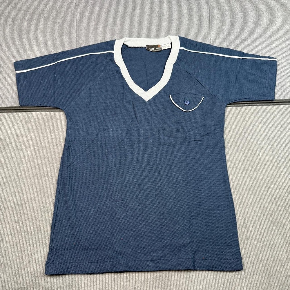 Vintage Moni of London Navy Blue Cotton V-Neck Shirt White Trim Deadstock Y2K